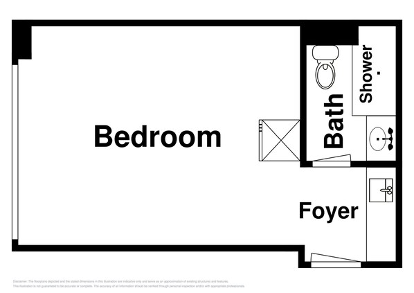 Un dormitorio con baño y recibidor.