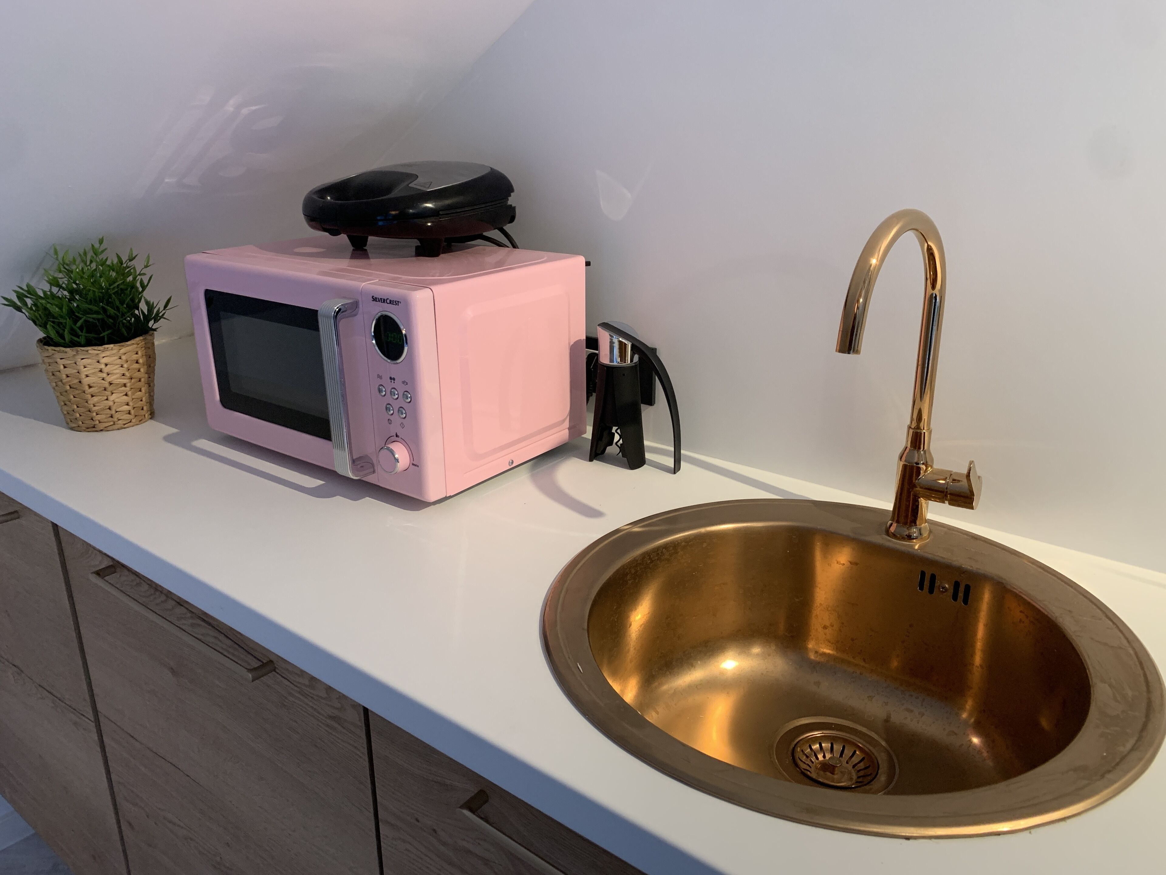 Una cuina amb un microones rosa, un vàter amb aixeta daurada i una petita planta en test sobre el taulell.