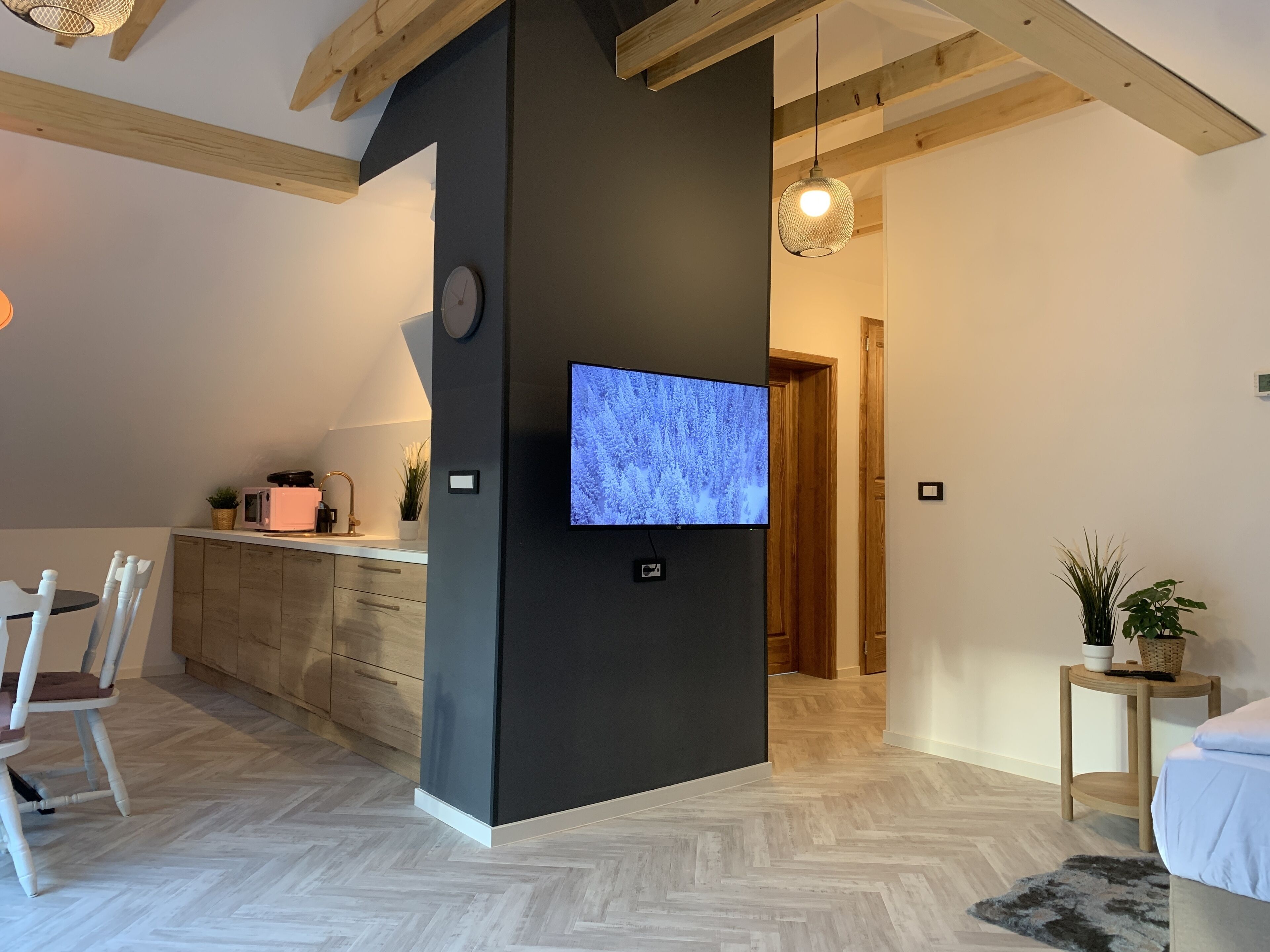 Een moderne woonkamer met een flatscreen televisie aan een zwart accentmuur, houten vloeren en een visgraatmotief.