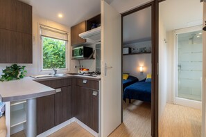 ثلاجة، ميكروويف، موقد طهي مسطح، ماكينة لصنع القهوة/الشاي