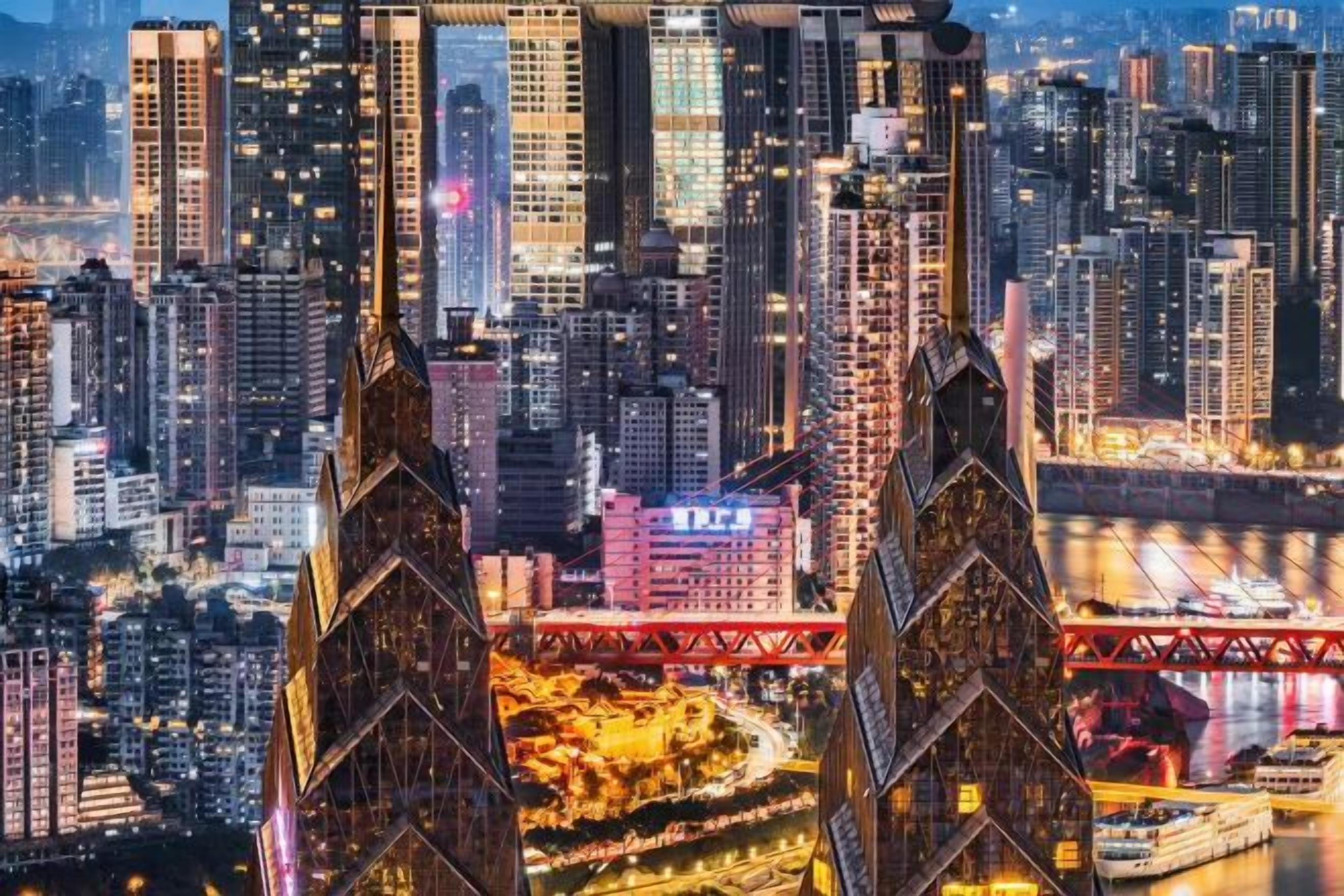 Un paysage urbain avec de hauts immeubles et un pont imposant.