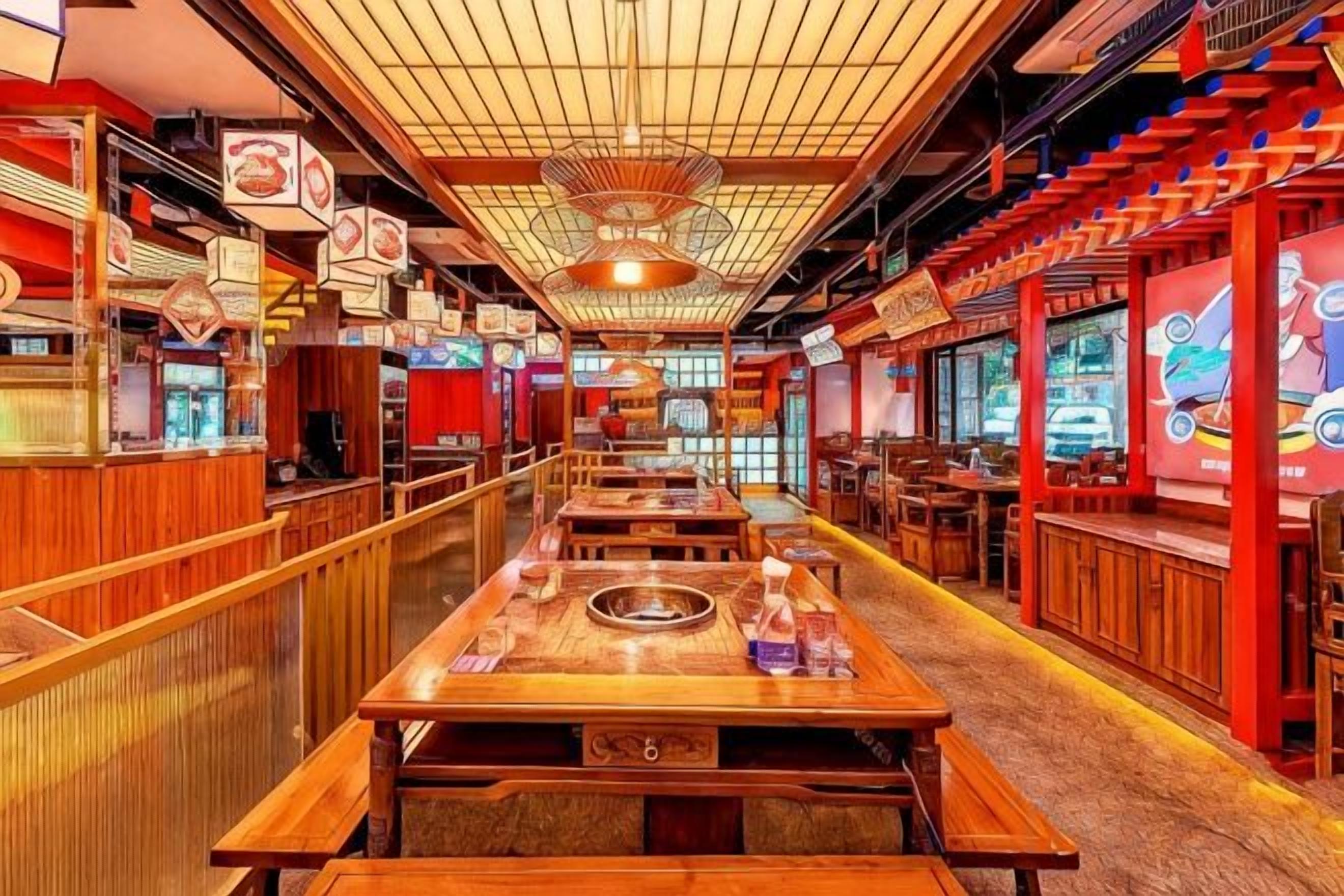 Een restaurant met lange houten tafels, een hoog plafond met een ventilator en rode decoratie.