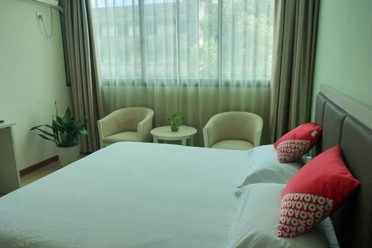 Een hotelkamer met een bed, twee stoelen, een klein tafeltje en een potplant.