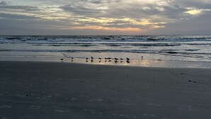 A beach with a calm sea and a cloudy sky.