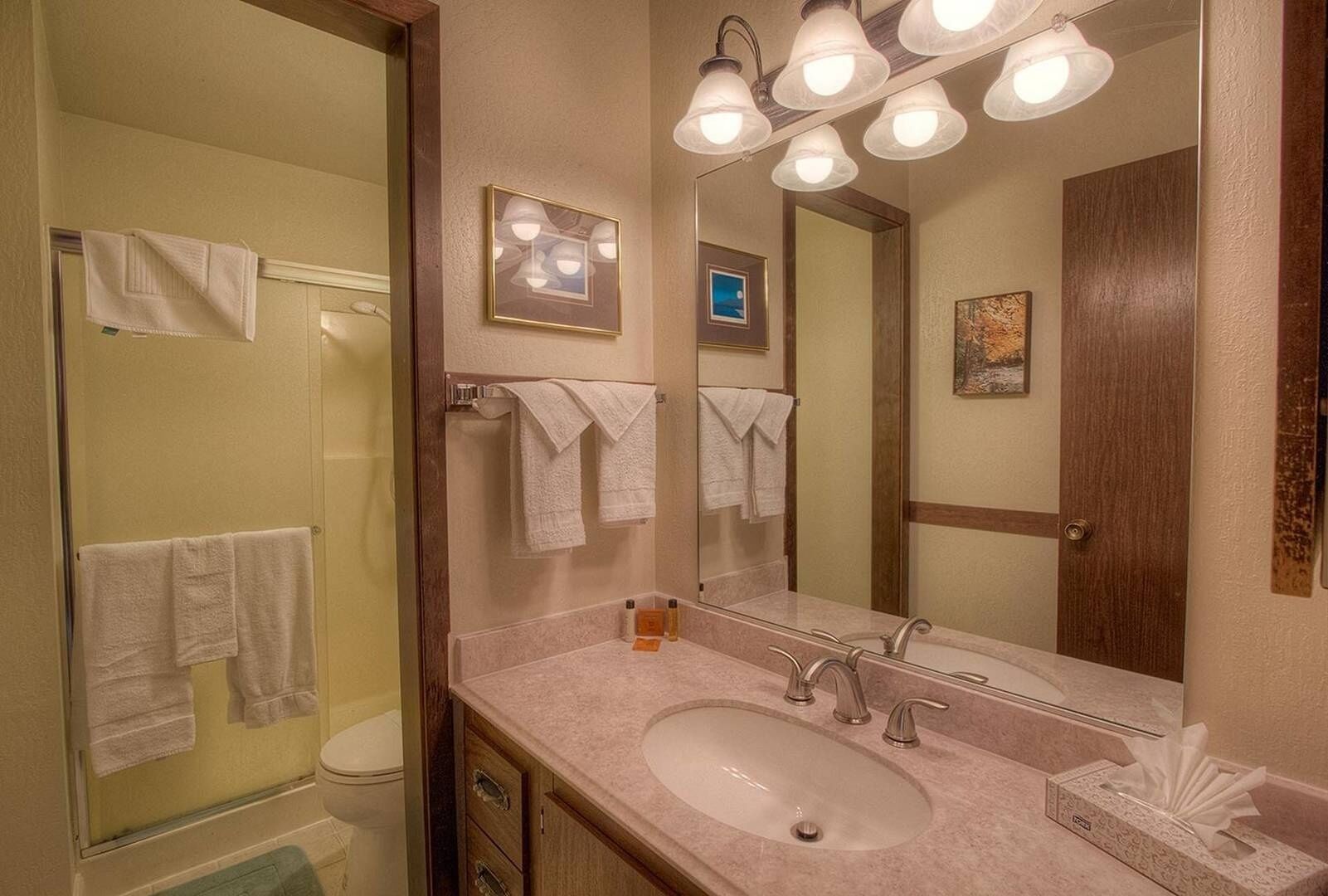 A bathroom with a sink, mirror, and multiple towel racks.
