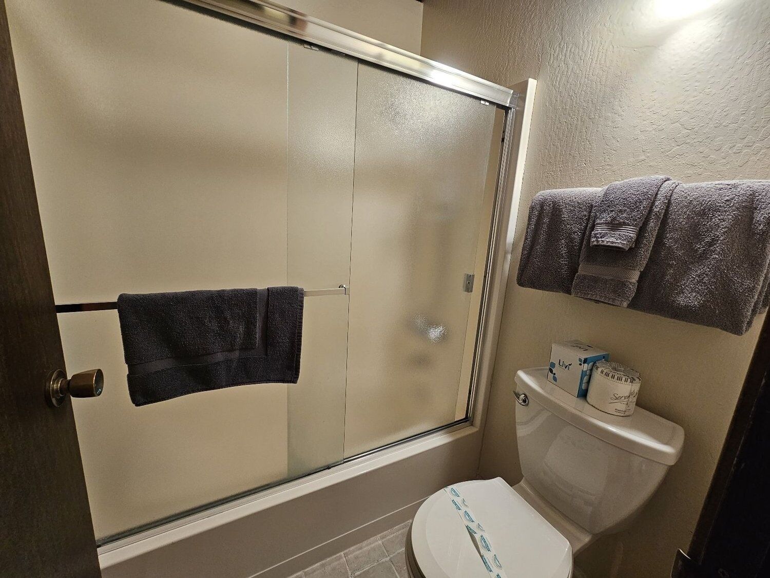 A bathroom with a glass-enclosed shower, a toilet, and a shelf with towels.