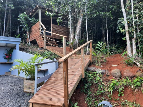 A wooden staircase leading to a wooden deck surrounded by greenery and trees.