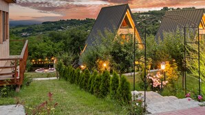 A modern house with a sloped roof, a wooden deck, and a garden with a pathway. - Three-Bedroom A Frame Chalet in Dealu Mare (Malu Roșu)