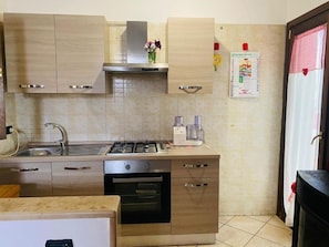 Une cuisine moderne équipée d’une cuisinière à gaz, d’un four, d’un évier et de meubles de rangement en bois.