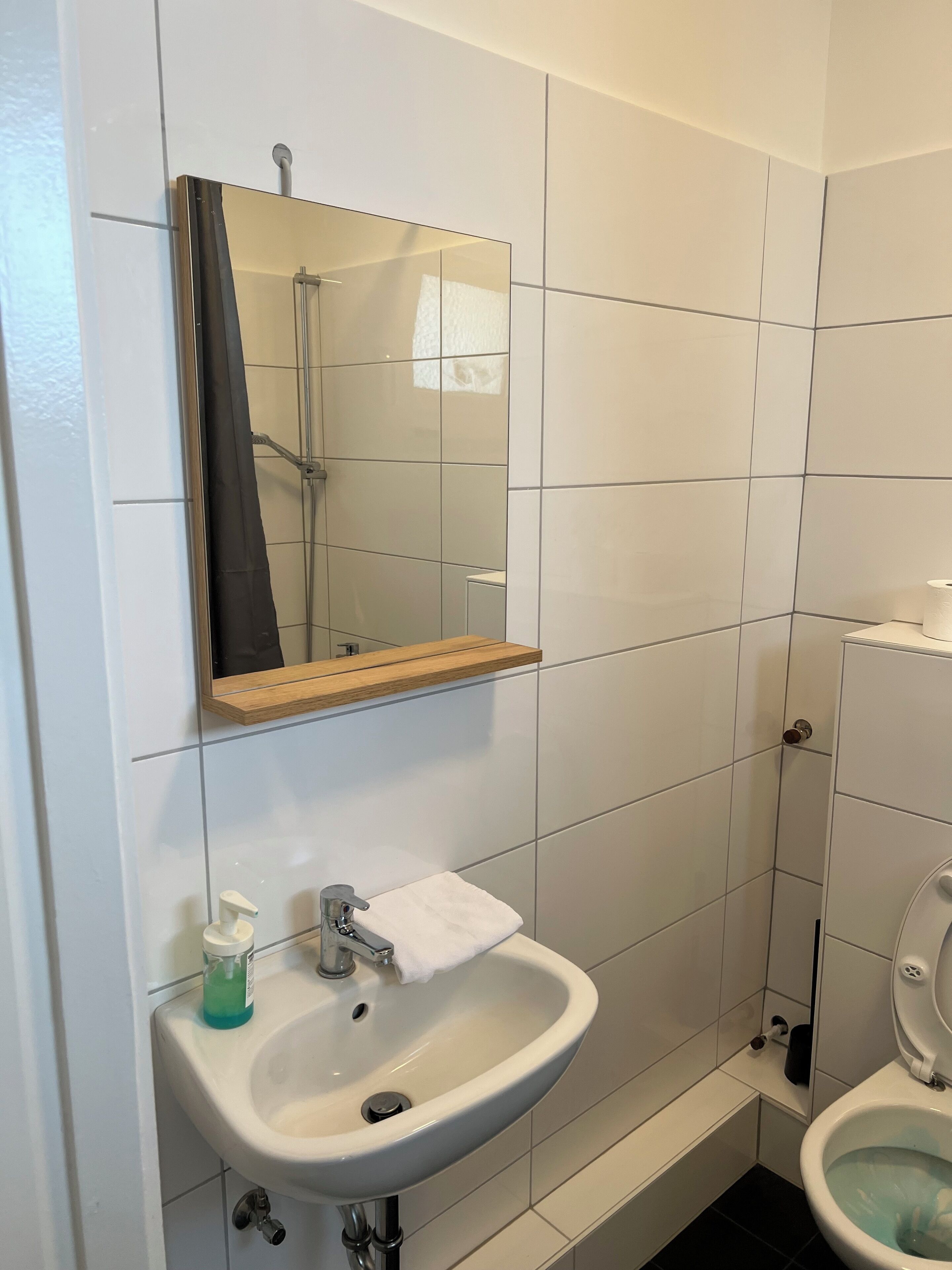 A bathroom with a sink, mirror, and toilet.