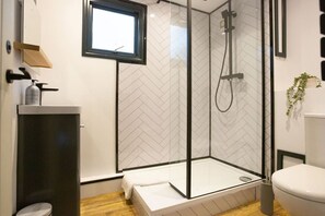 A modern bathroom with a glass-enclosed shower, a white sink, and a toilet.