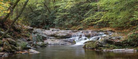 A natural landscape with a waterfall, dense forest, and a calm river.