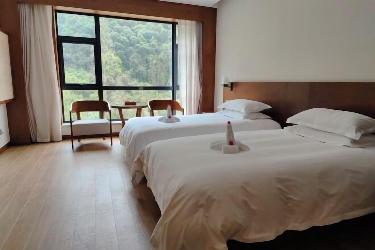 A hotel room with two beds, a small table, two chairs, and a large window offering a view of greenery.
