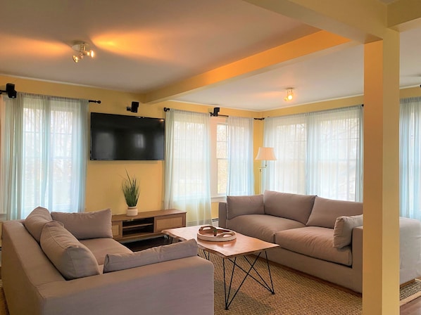 A modern living room with two sofas, a coffee table, a flat-screen TV, and a potted plant.