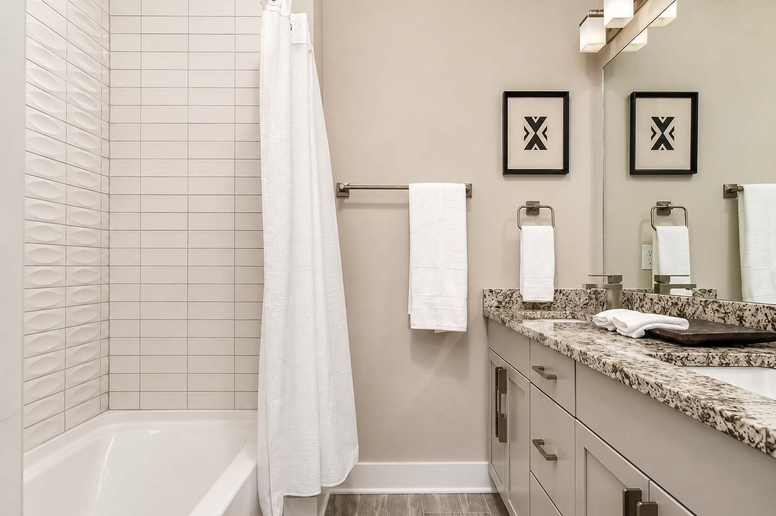 Shower, hair dryer, towels, shampoo