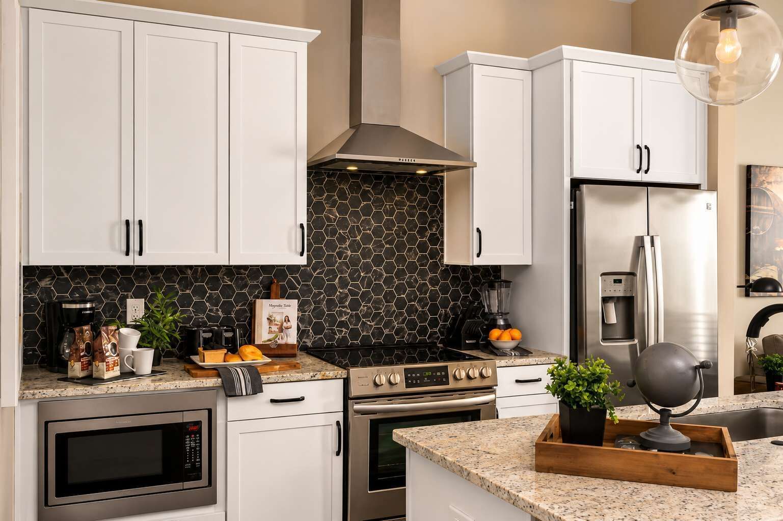 Coffee/tea maker, fridge, microwave, oven