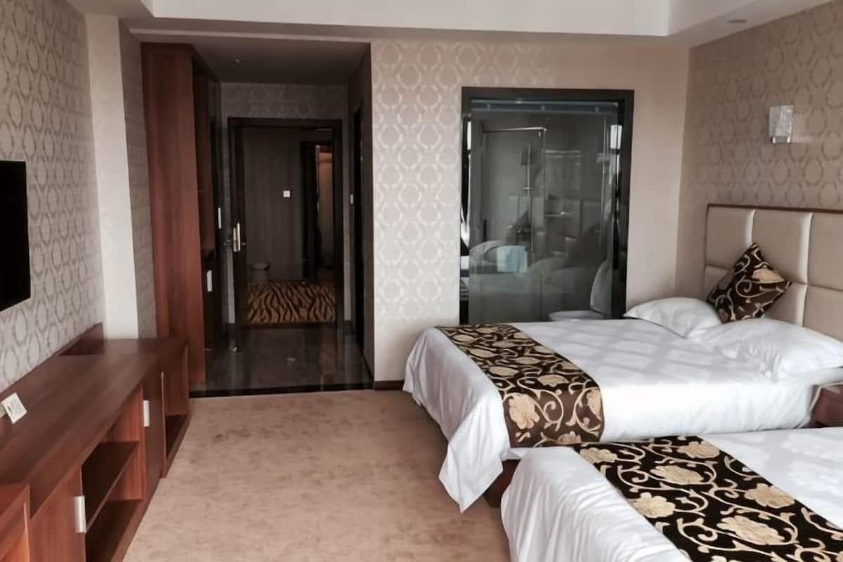 Une chambre d’hôtel avec deux lits, une télévision, un canapé et une salle de bain visible à travers une porte en verre.