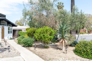 Stunning two-story house with a flat roof and large windows, set amidst a beautifully landscaped yard with a palm tree and shrubs.