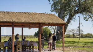 Un espace de restauration en plein air au style rustique, avec des tables et des chaises en bois, une structure dotée d’un toit de chaume et, en arrière-plan, un champ d’herbe.
