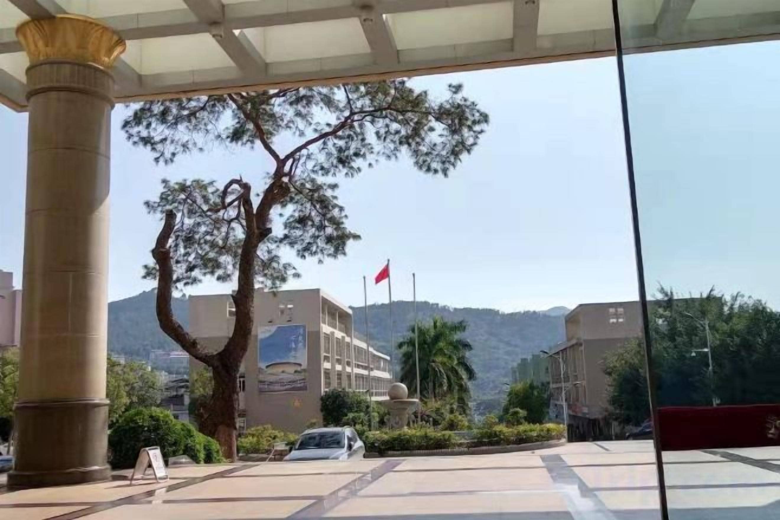 Entrada de hotel con un gran pilar, un árbol y vista de un edificio con una bandera.