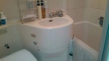 Hair dryer, towels, soap, shampoo
