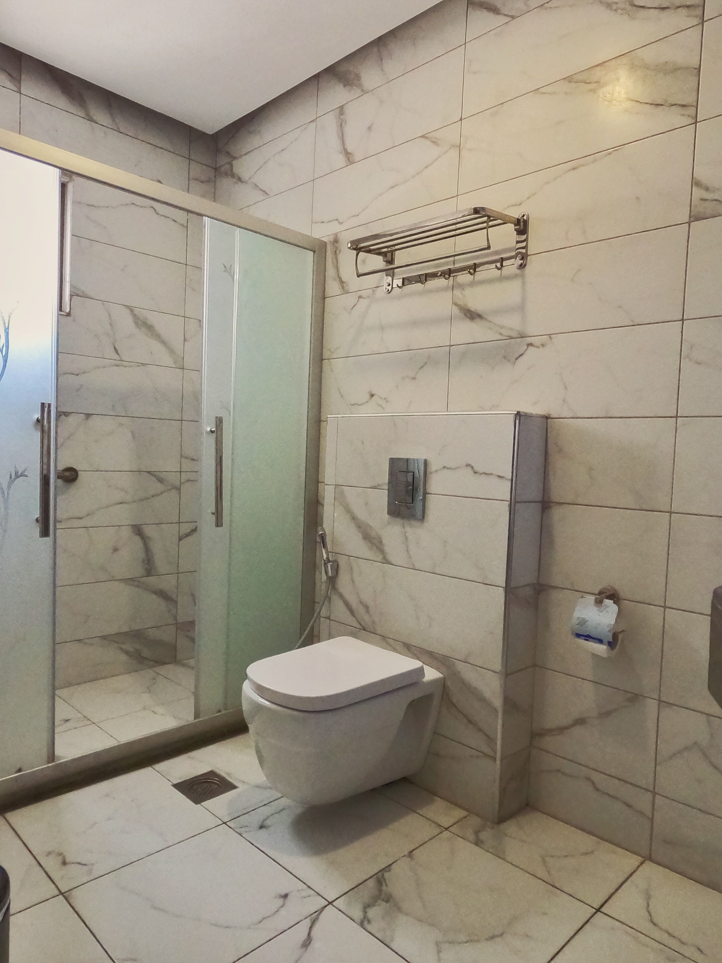 A bathroom with a toilet, a shower, and a glass-enclosed shower area.