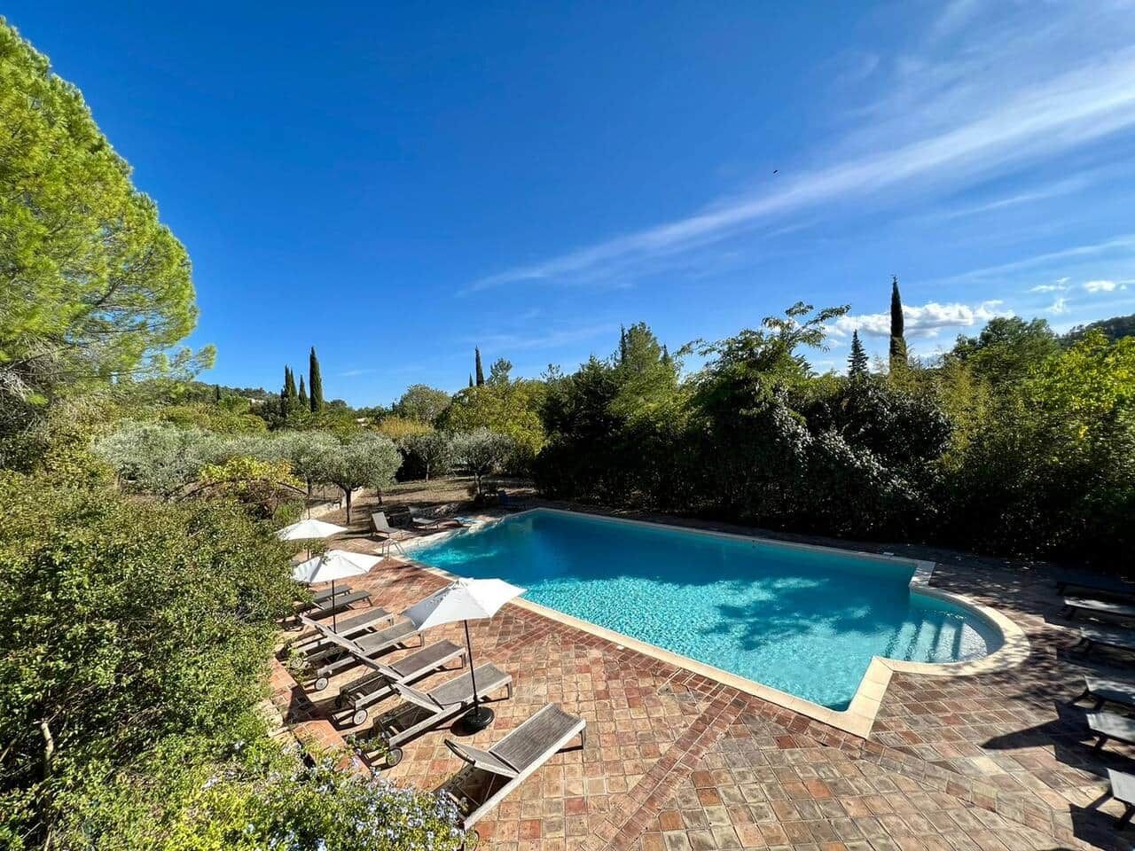Una piscina rectangular con solárium empedrado, rodeada de vegetación y árboles.