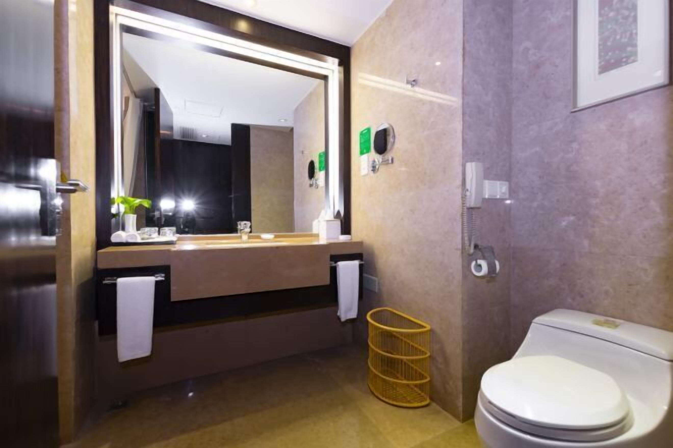 A modern bathroom with a large mirror, a sink, and a toilet.