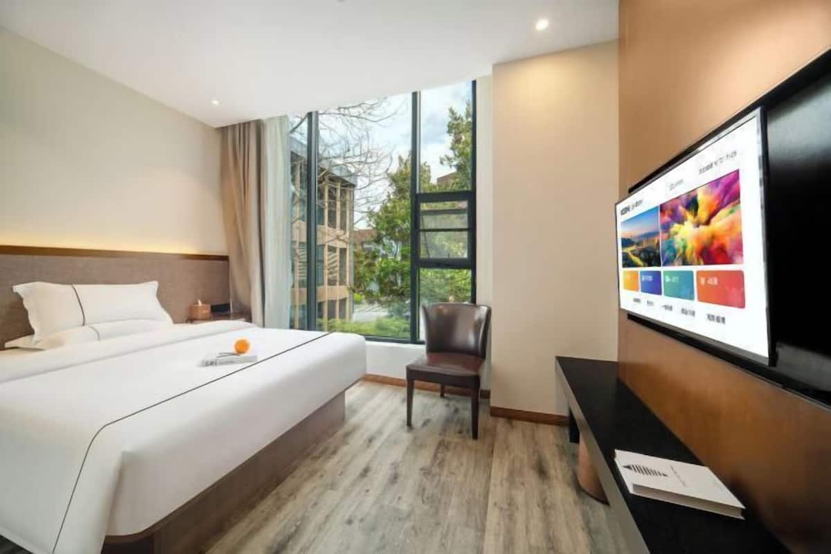 Een hotelkamer met een bed, een stoel, een bureau, een televisie en een raam met uitzicht op gebouwen en bomen.