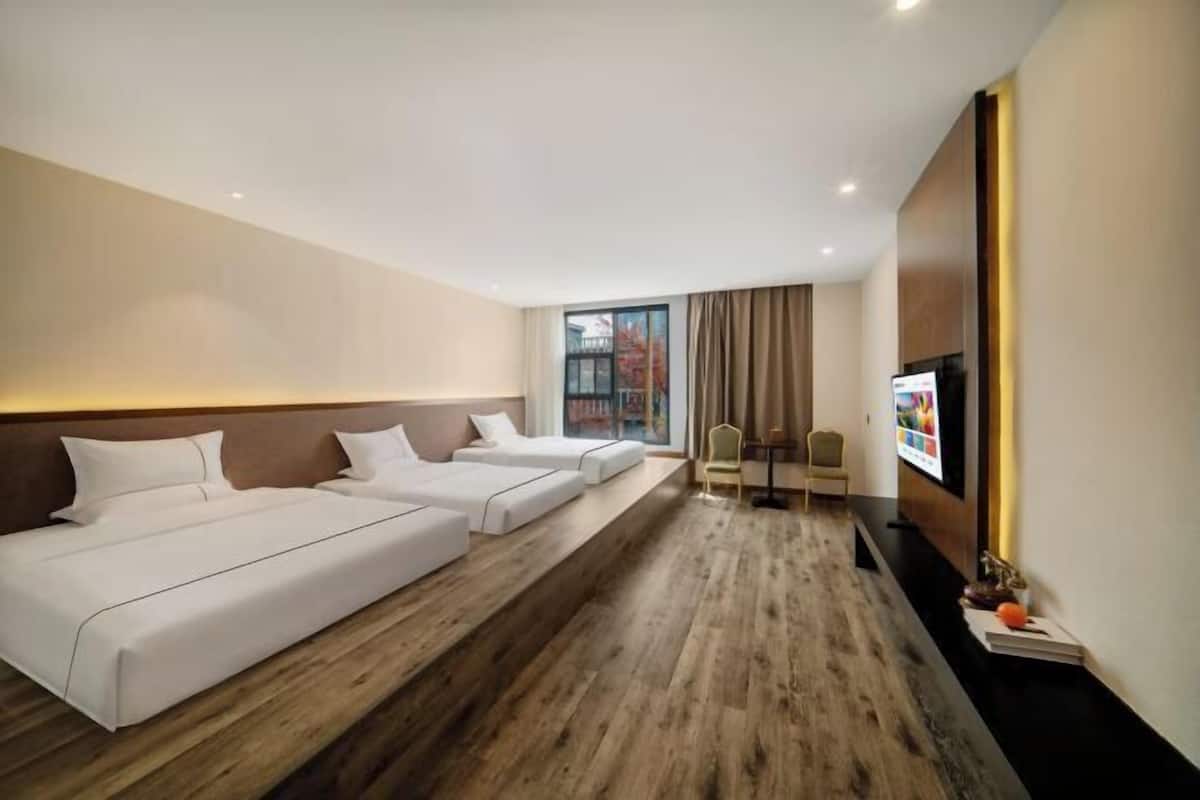 Een hotelkamer met een slaapbank, een televisie, een raam met uitzicht en een houten vloer.