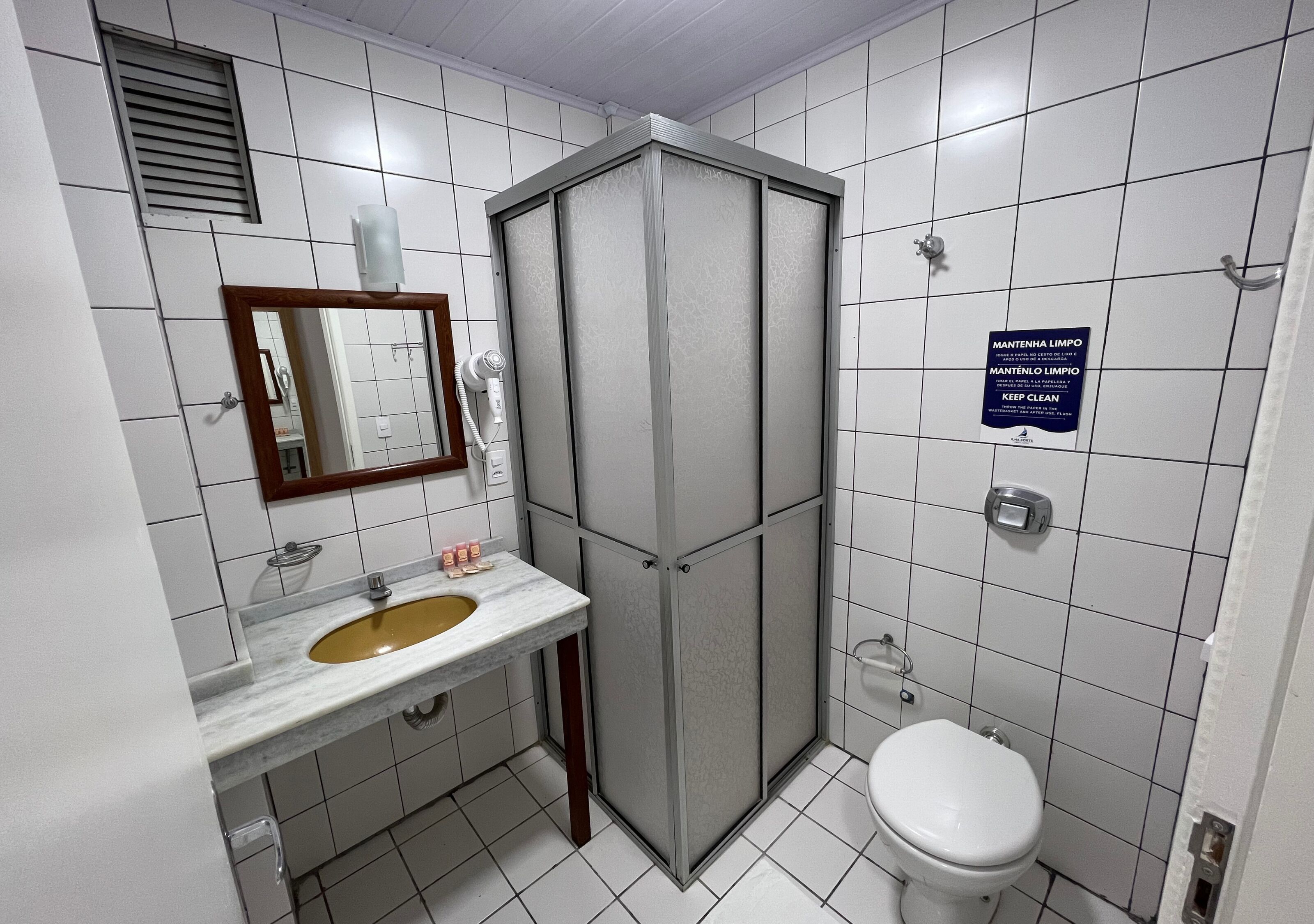 A bathroom with a sink, mirror, toilet, and a shower enclosure.