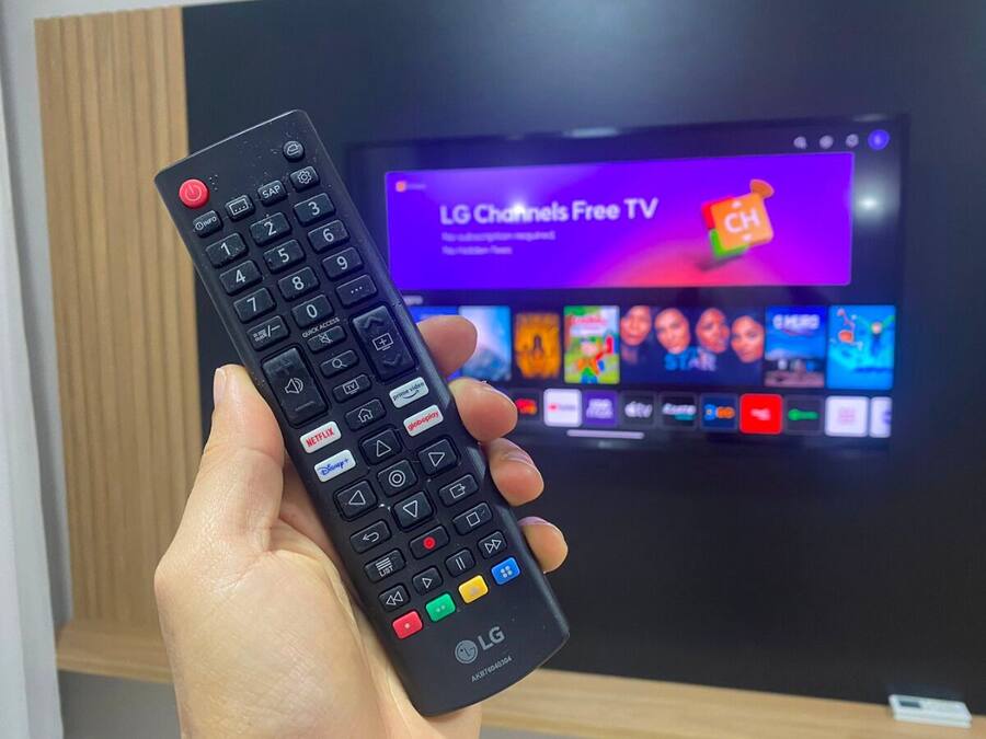 A hand holding a remote control in front of a TV displaying LG Channels Free TV.