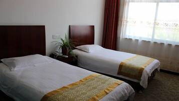 Habitación de hotel con dos camas individuales, una mesita de noche con una planta y una ventana con cortinas.