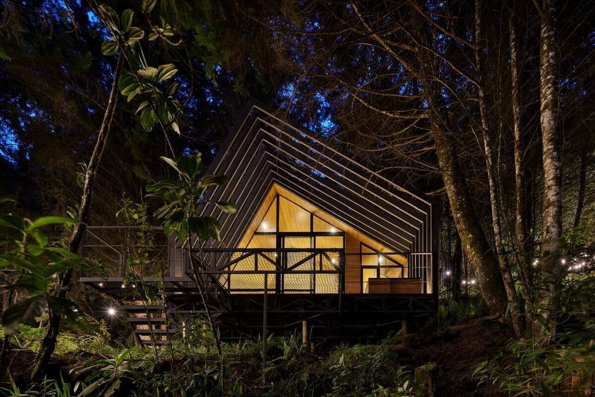 A wooden cabin with a triangular roof, surrounded by dense forest.