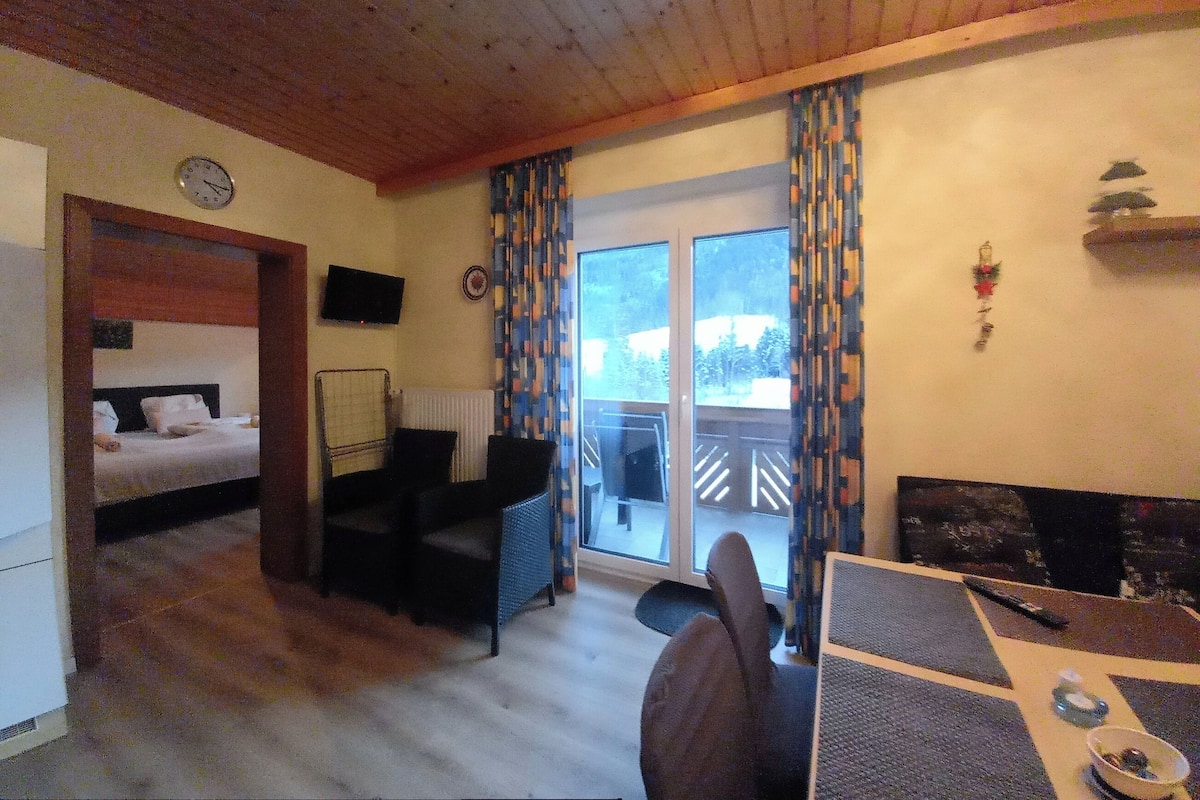 A room with a bed, a sofa, a small table, a chair, a TV, and a window with curtains.
