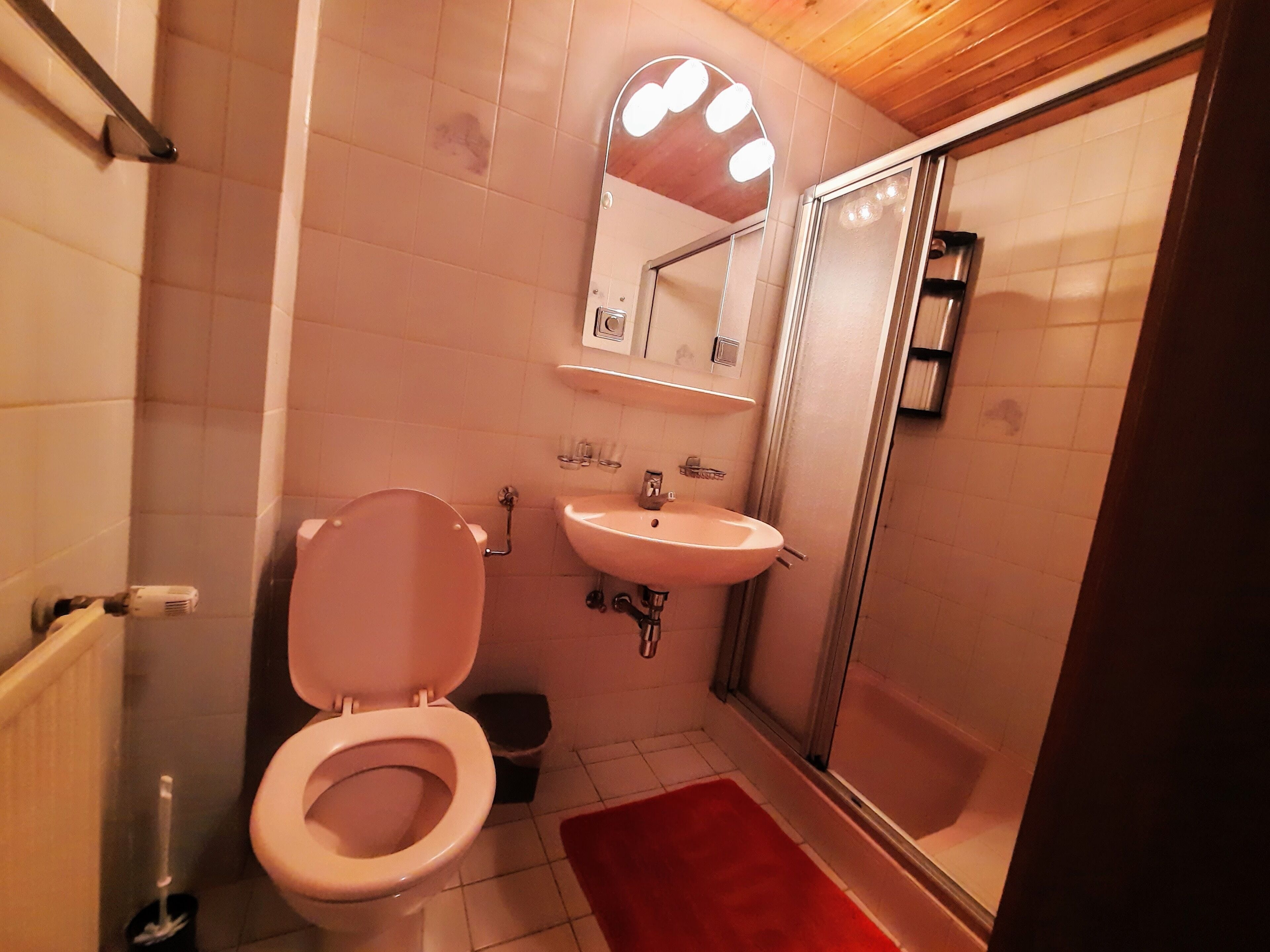A bathroom with a toilet, sink, and shower.