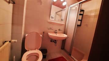 A bathroom with a toilet, sink, and shower.