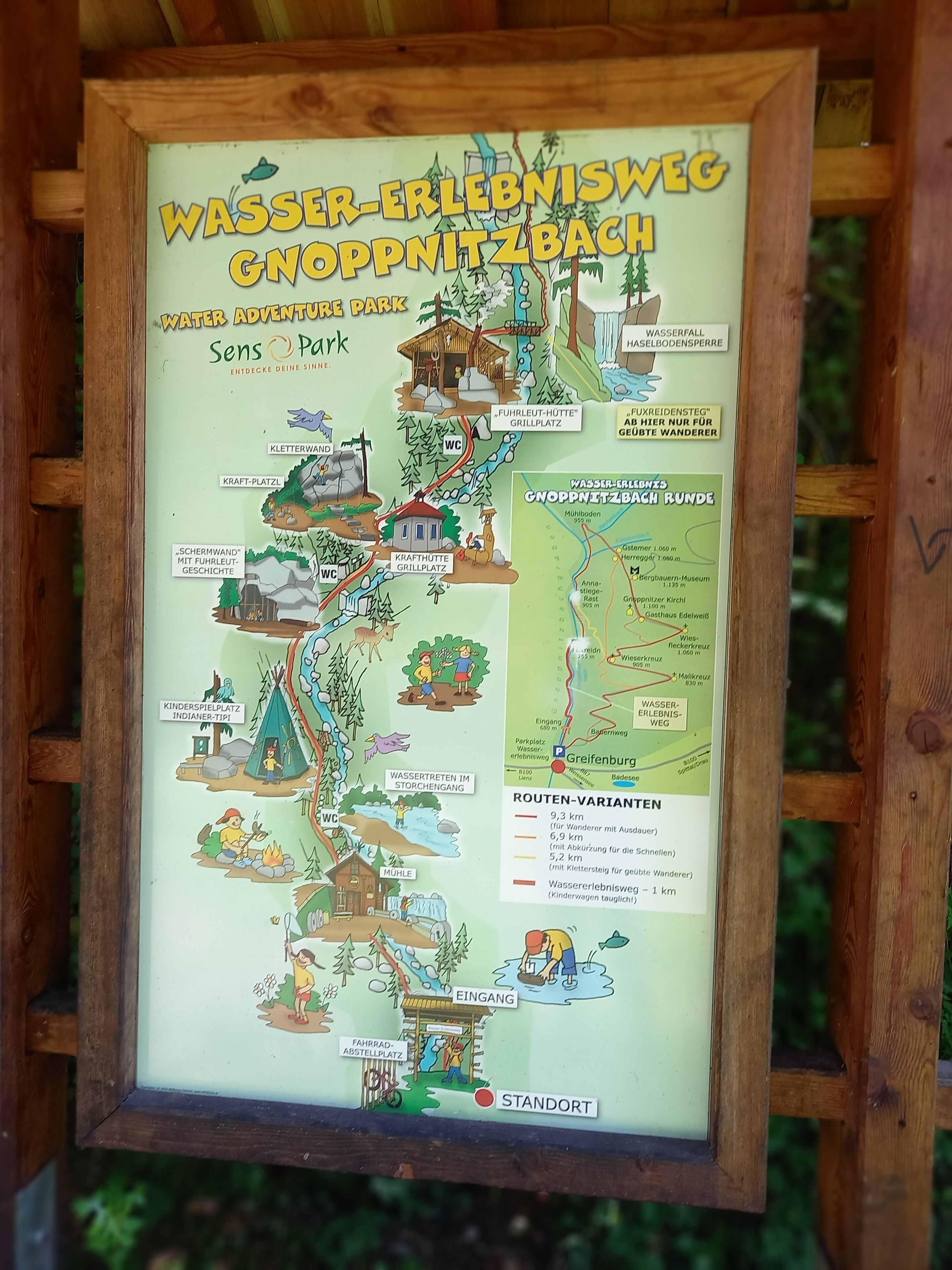 A detailed map of a water adventure park with various attractions and routes.