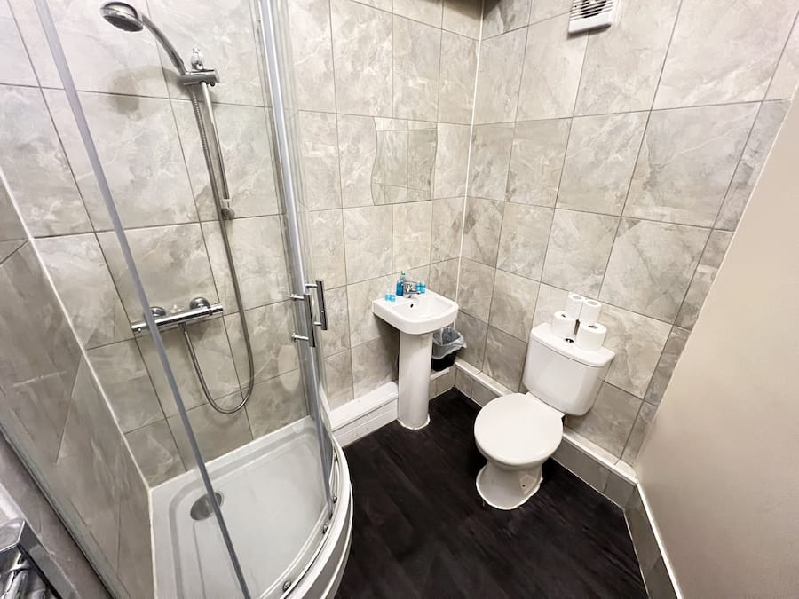 Shower, free toiletries, towels, soap
