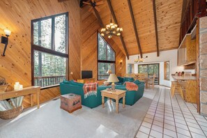 Smart TV, fireplace, foosball