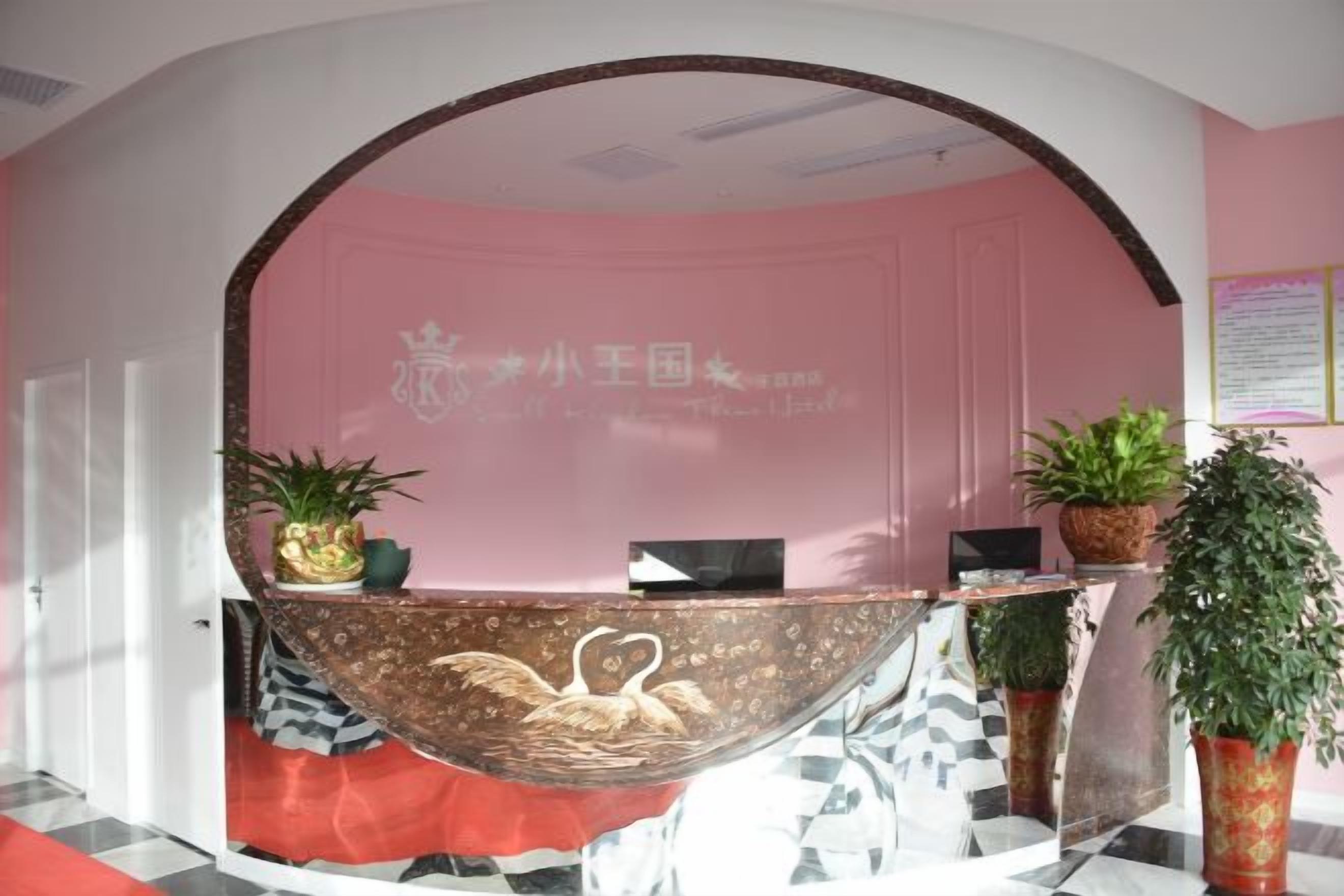 Un área de recepción con mostrador curvo, plantas en macetas y pared rosa con texto.