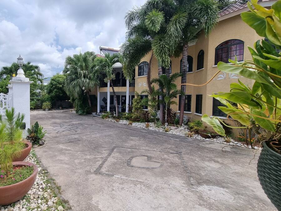 A paved driveway leading to a building with a white fence and potted plants.