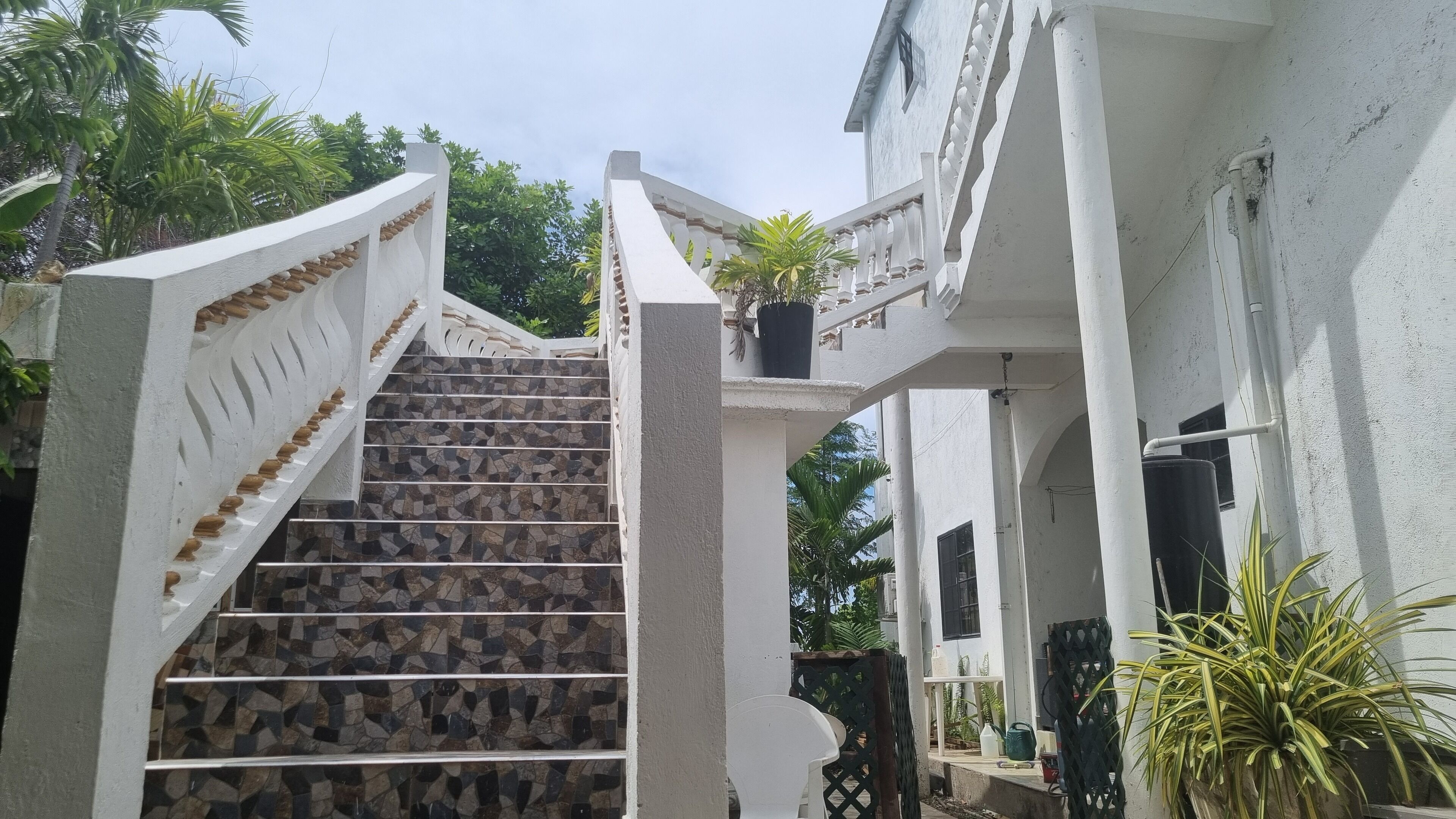 A staircase with a white railing and stone steps leading to a building entrance.