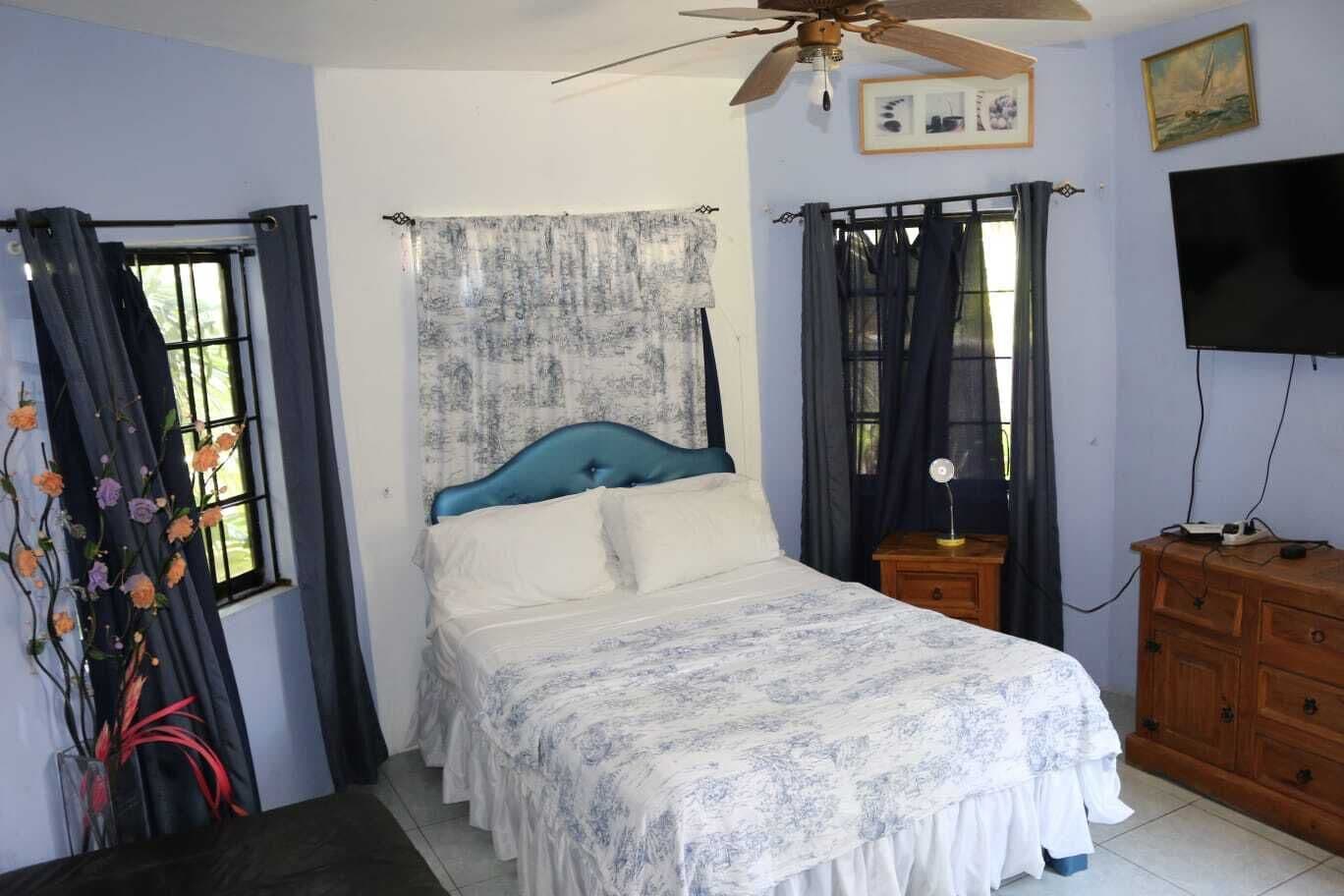 Un dormitorio con cama, ventilador de techo, televisor y cómoda de madera.