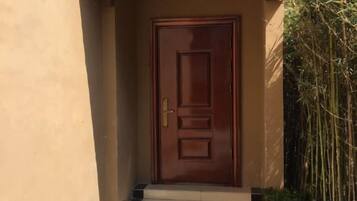 A wooden door with a brass handle, leading to a set of steps.