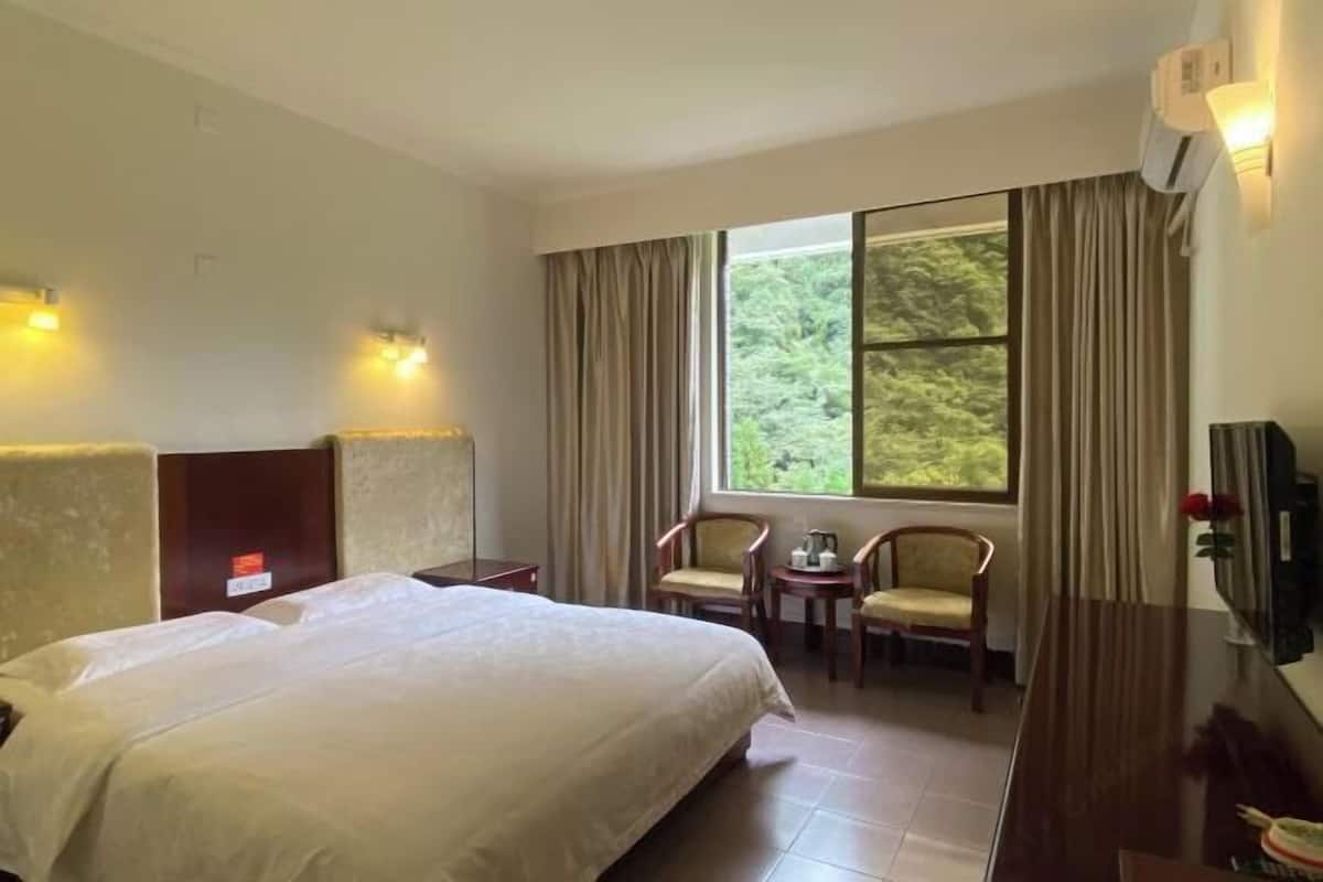 A hotel room with a large bed, two chairs, a small table, a TV, and a window with curtains.
