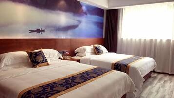 A hotel room with two beds, a large painting on the wall, and a window with curtains.