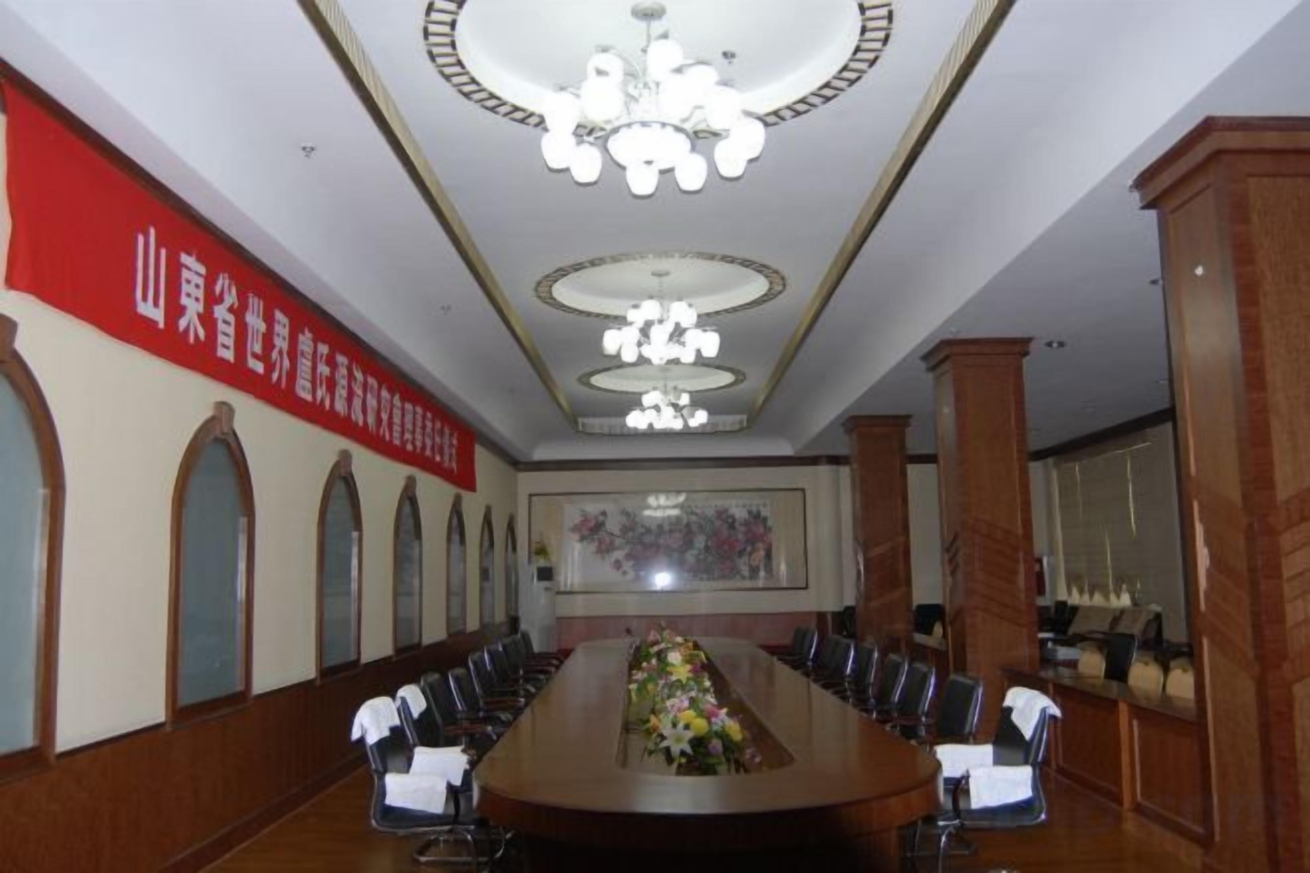 A conference room with a long table, chairs, and a chandelier.