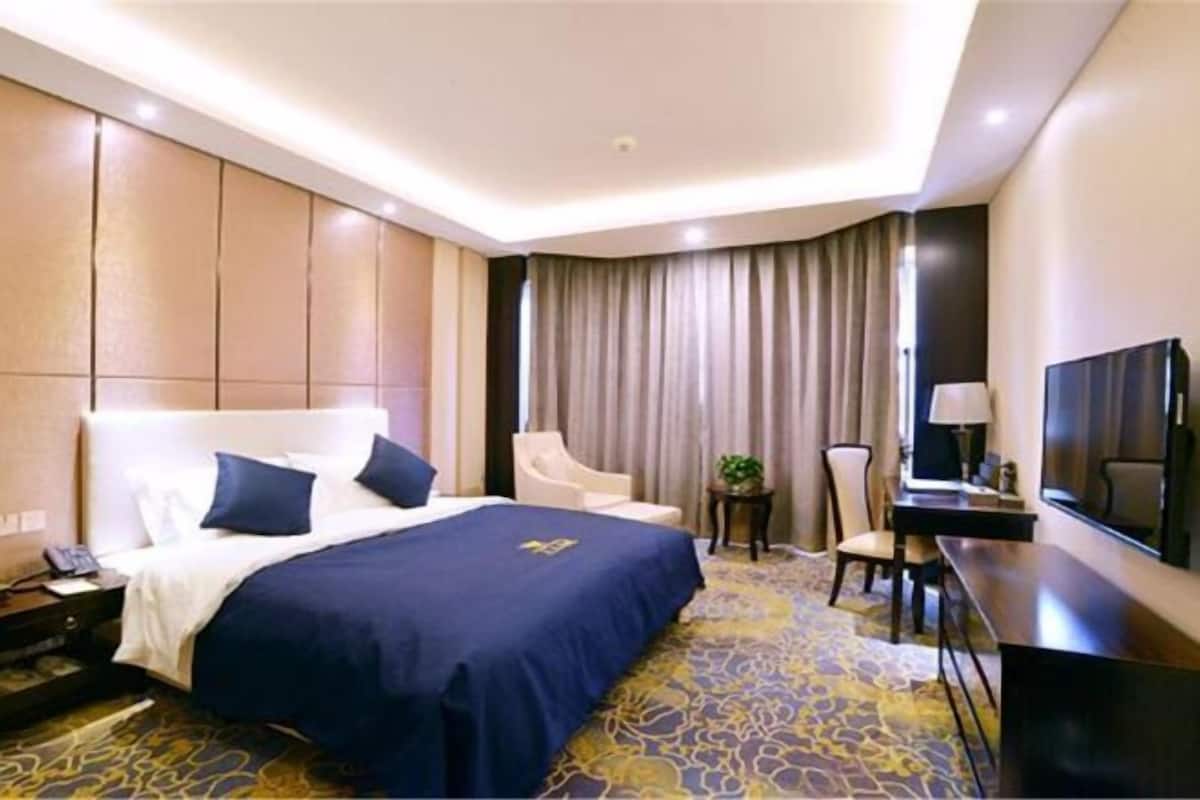 A hotel room with a large bed, a desk, a chair, a TV, and a small table with a plant.