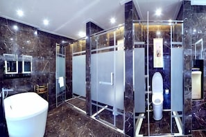 A modern bathroom with a glass-enclosed shower, a white bathtub, and a toilet.